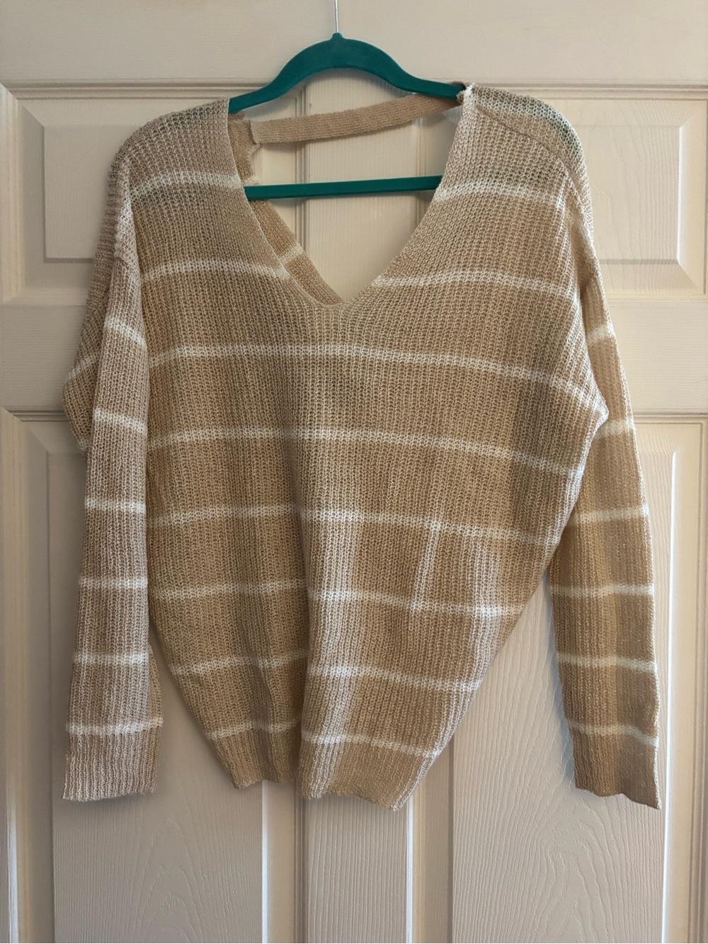 vestique Beige and White Striped V-Neck Sweater